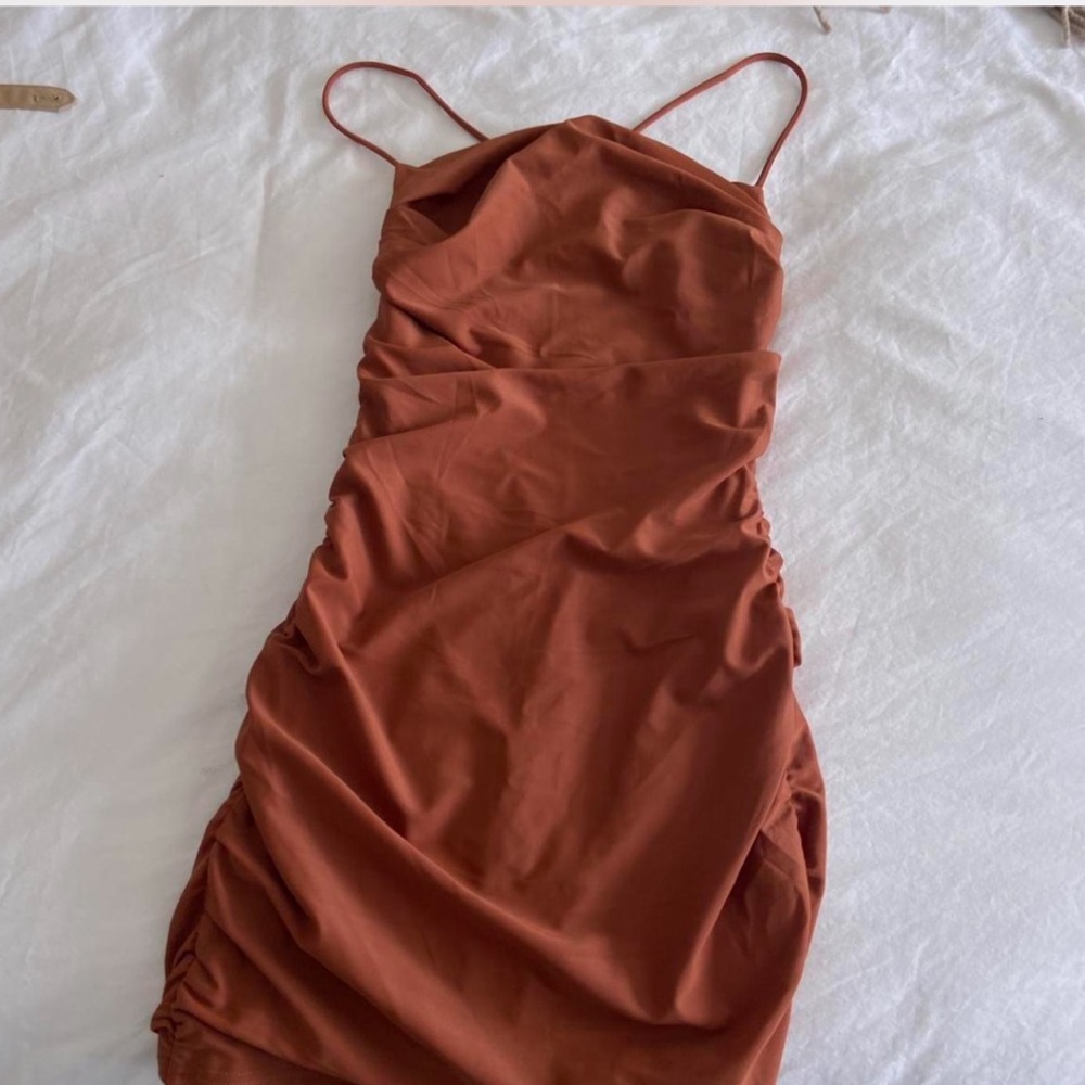 REVOLVE Orange Ruched Backless Bodycon Dress